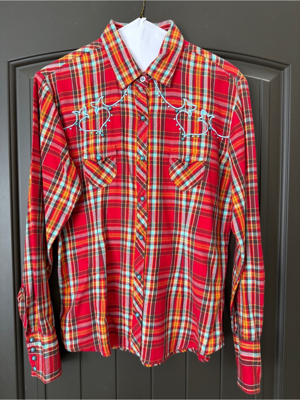 Vintage Panhandle Slim Red Plaid Western Snap Button Shirt with Embroidery